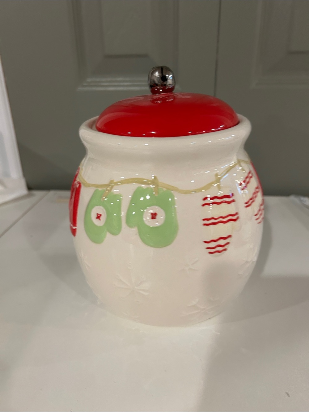 Hallmark Red-Top Ceramic Holiday Cookie Jar with Green & Red Accents